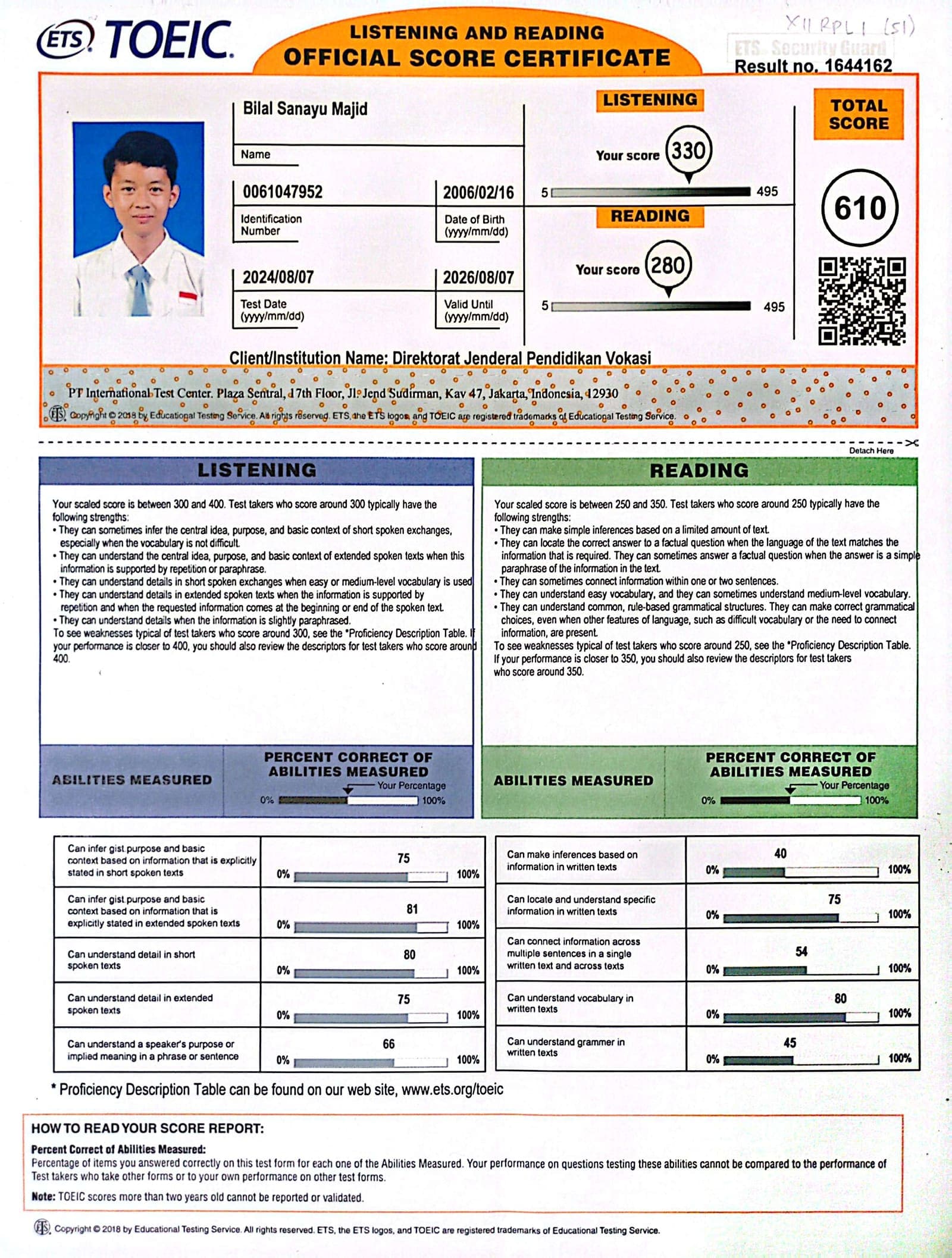 TOEIC Listening & Reading — Score: 610